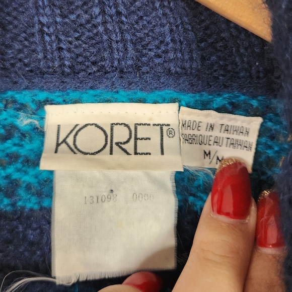 Vintage 1980s Oversized Knit Cardigan Sweater Blue Plaid Shawl Collar Preppy - Picture 8 of 10